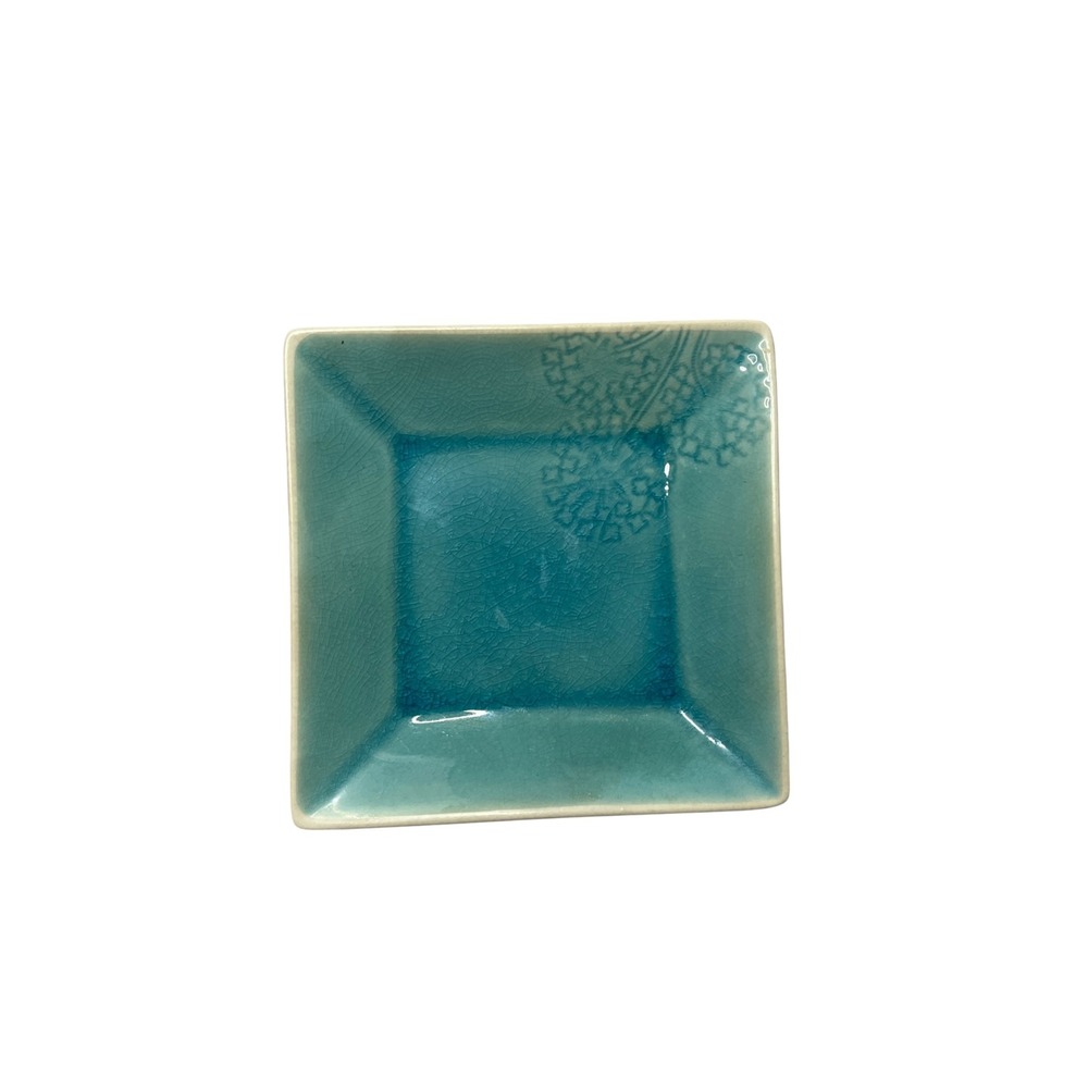 Pier 1 Imports Turquoise Crackle Glaze Square Stoneware Appetizer Plate 6 in